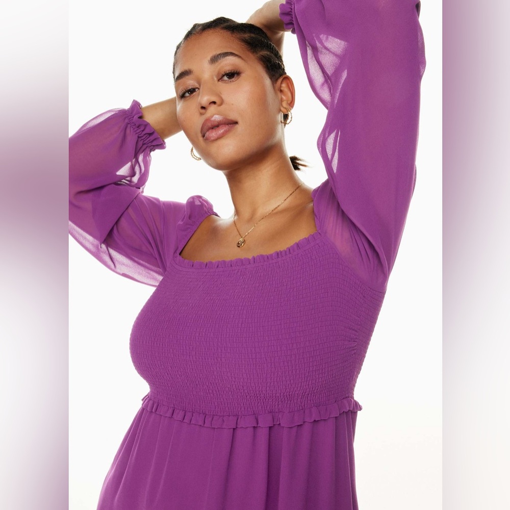 Aritzia Wilfred New Tempest Dress - Wild Berry Purple Tiered Long Sleeve Mini - Picture 7 of 10